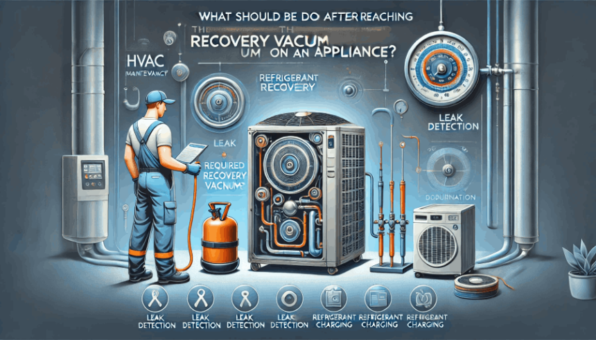 A professional HVAC technician monitoring a vacuum gauge on a high-tech refrigeration system. The image features refrigerant recovery equipment, safety gloves, and a clean, modern design with bold text overlay: 'What Should Be Done After Reaching the Required Recovery Vacuum on an Appliance?