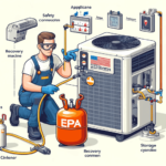 A technician wearing safety gloves and goggles uses an EPA-certified refrigerant recovery machine to extract refrigerant from an air conditioning unit. The setup includes labeled components: "Appliance," "Recovery Machine," and "Storage Cylinder," with arrows indicating the refrigerant flow in a clean workshop environment.