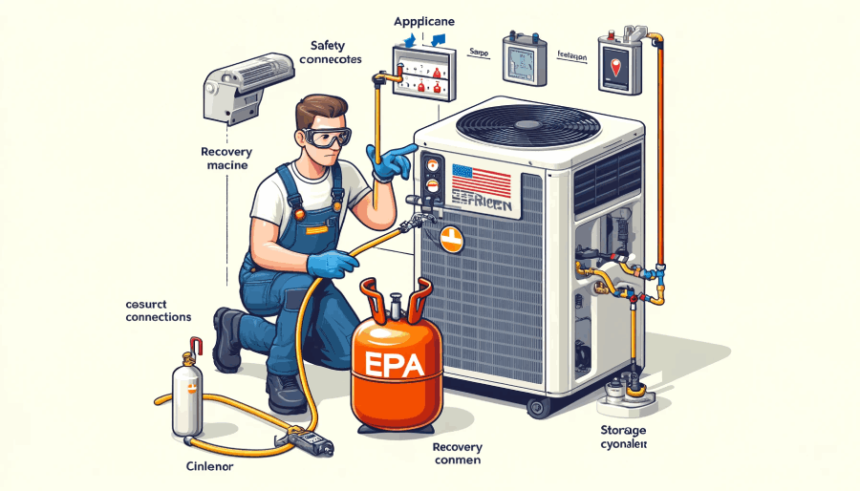 A technician wearing safety gloves and goggles uses an EPA-certified refrigerant recovery machine to extract refrigerant from an air conditioning unit. The setup includes labeled components: "Appliance," "Recovery Machine," and "Storage Cylinder," with arrows indicating the refrigerant flow in a clean workshop environment.