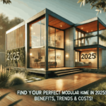 A modern modular home with large glass windows, a flat roof, and sustainable materials, set in a scenic environment with greenery and a wooden deck. The image features a bold text overlay: 'Find Your Perfect Modular Home in 2025: Benefits, Trends & Costs!