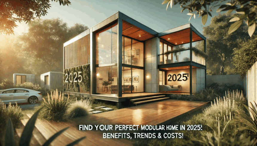 A modern modular home with large glass windows, a flat roof, and sustainable materials, set in a scenic environment with greenery and a wooden deck. The image features a bold text overlay: 'Find Your Perfect Modular Home in 2025: Benefits, Trends & Costs!