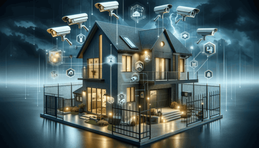 A modern, secure home with multiple layers of protection, including smart security systems, reinforced doors, outdoor lighting, and surveillance cameras.