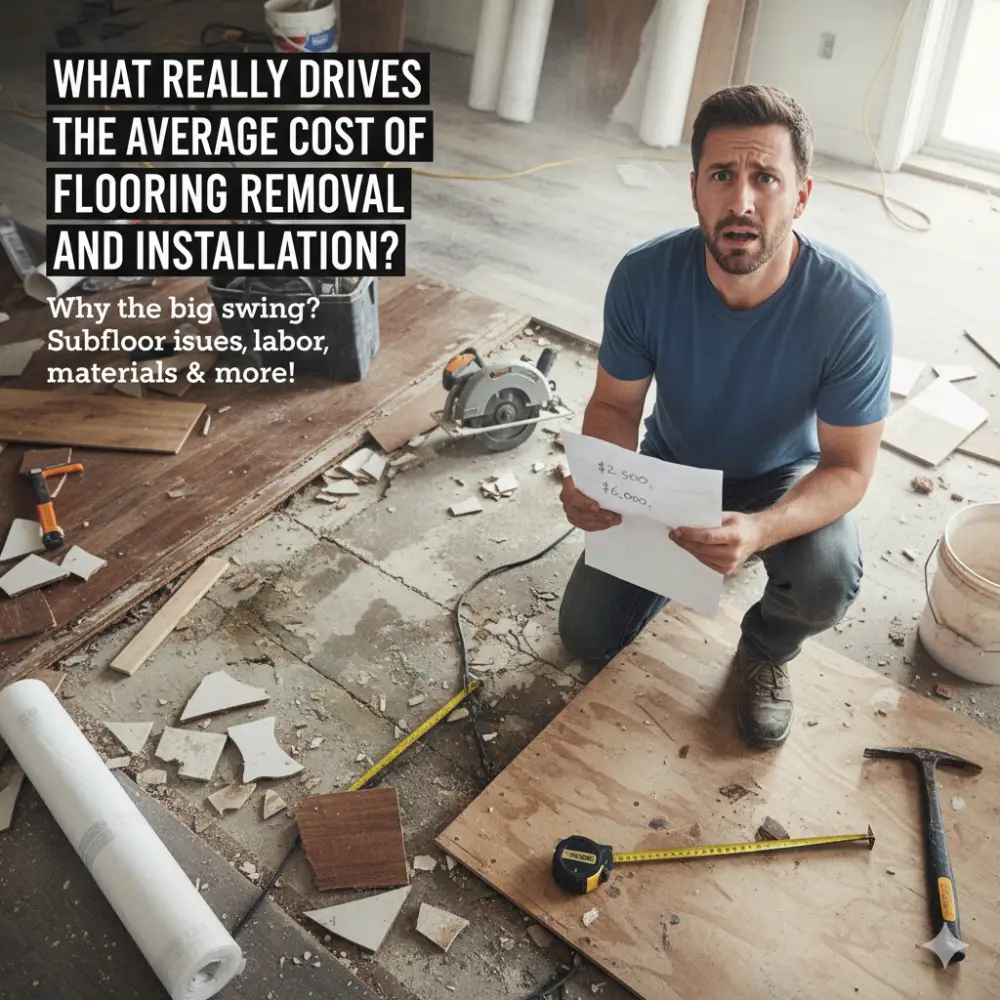 Confused by flooring removal and installation quotes? This image captures the frustration of unexpected costs, featuring a person holding quotes amidst a subfloor repair. Learn what really drives the average cost—from subfloor issues to labor and materials.