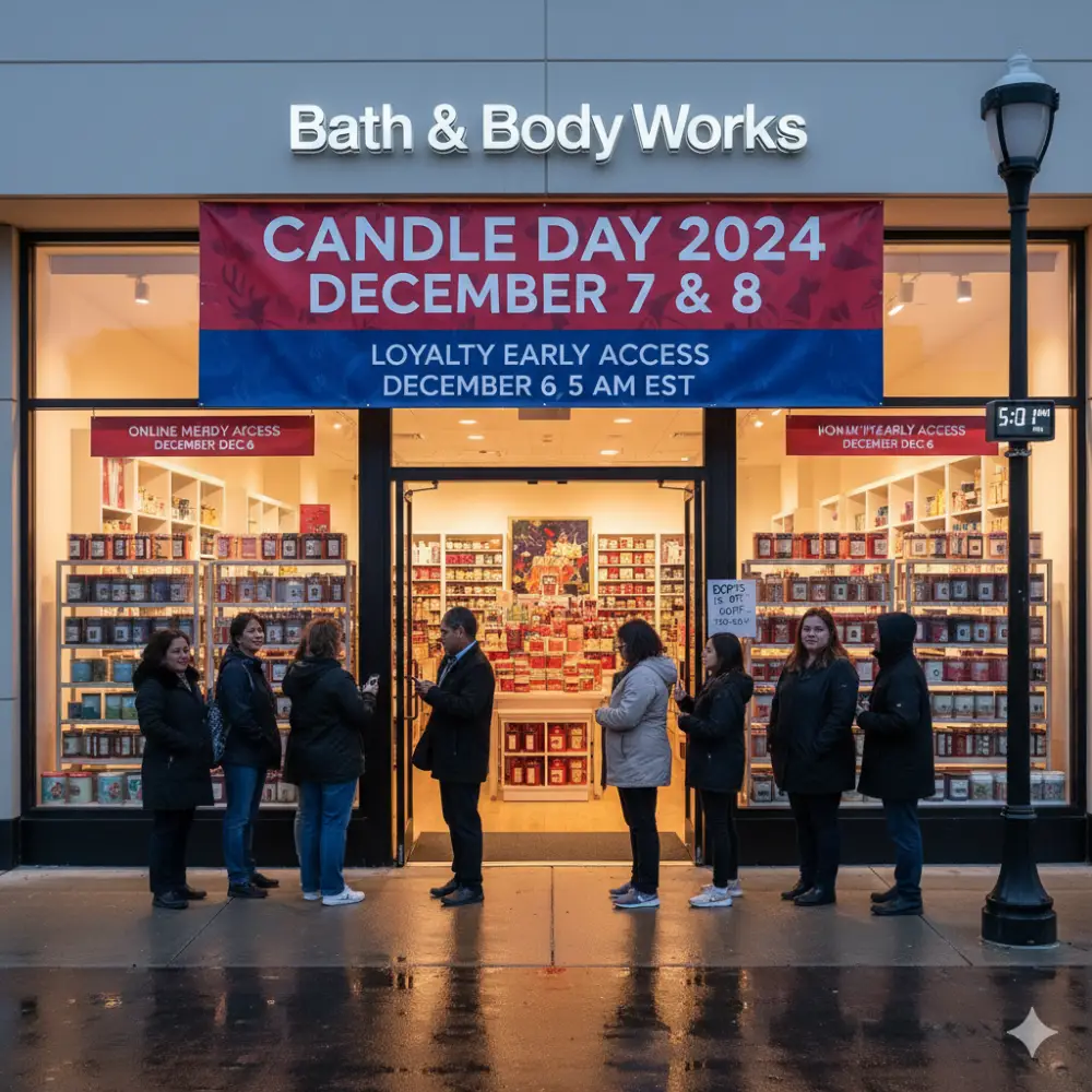 Early birds queue outside Bath & Body Works for Candle Day 2024, advertised for Dec 7 & 8, with loyalty early access on Dec 6. Windows full of candles.