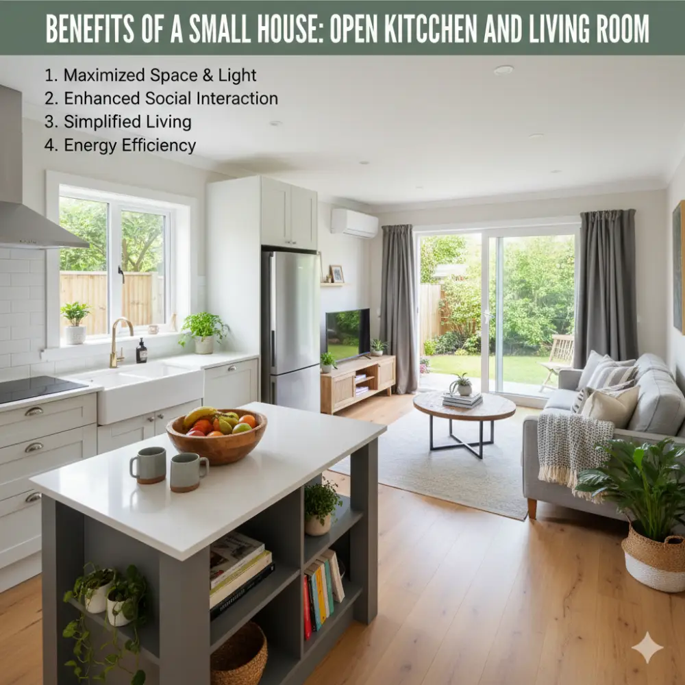A bright, open-concept small house interior with a modern kitchen island and living room. Enjoy maximized space, light, and energy efficiency.