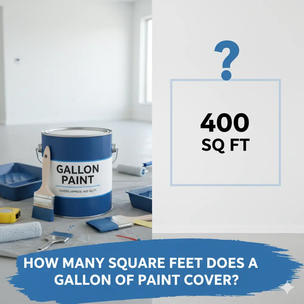 Learn how much a gallon of paint covers! This feature image for "How Many Square Feet Does a Gallon of Paint Cover?" shows a paint can and the approx. 400 sq. ft. coverage.