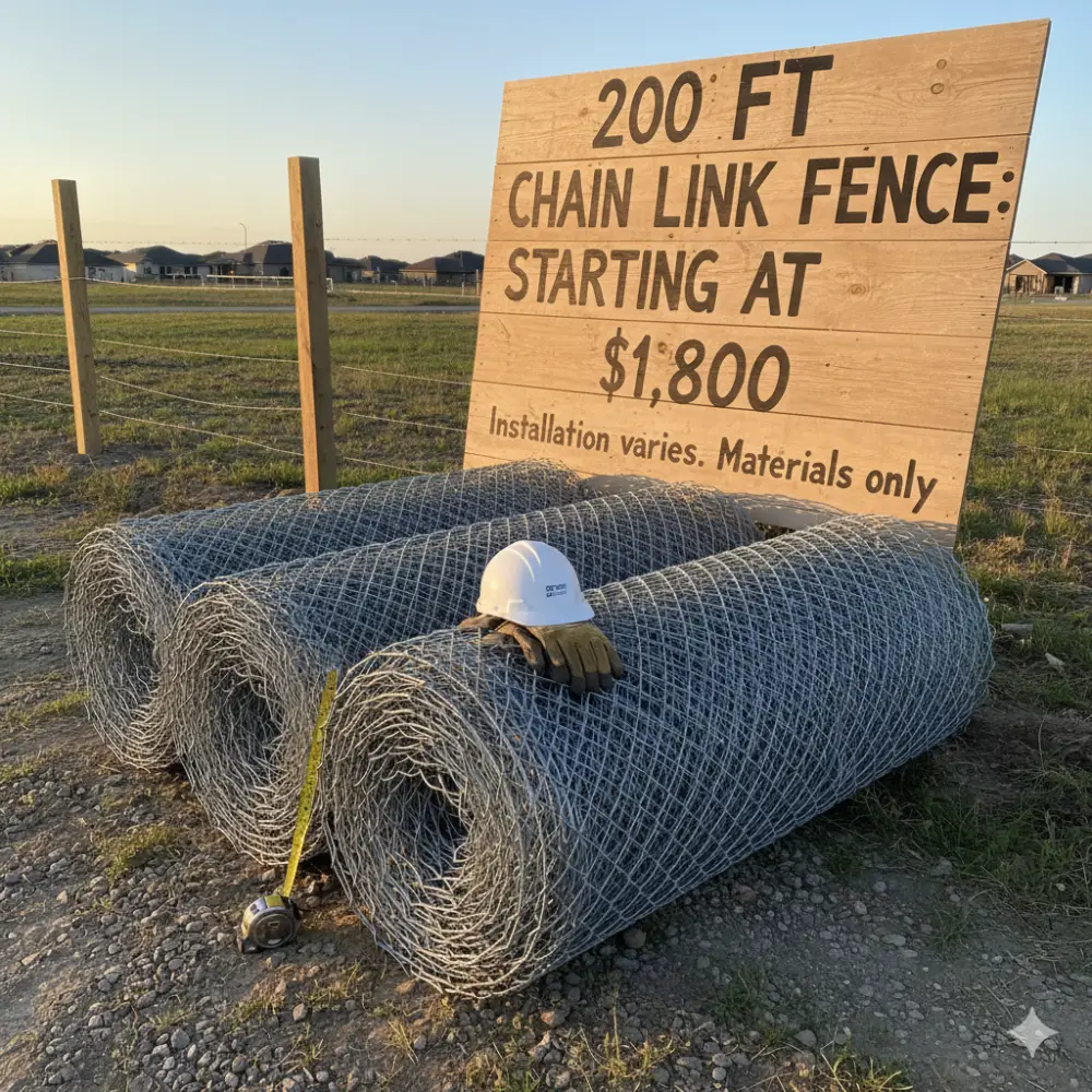 Get an idea of the cost for 200 feet of chain link fence. This image features rolls of fence material, a hard hat, and a sign indicating a starting materials-only price of $1,800. Perfect for those researching DIY or professional fence installation costs.
