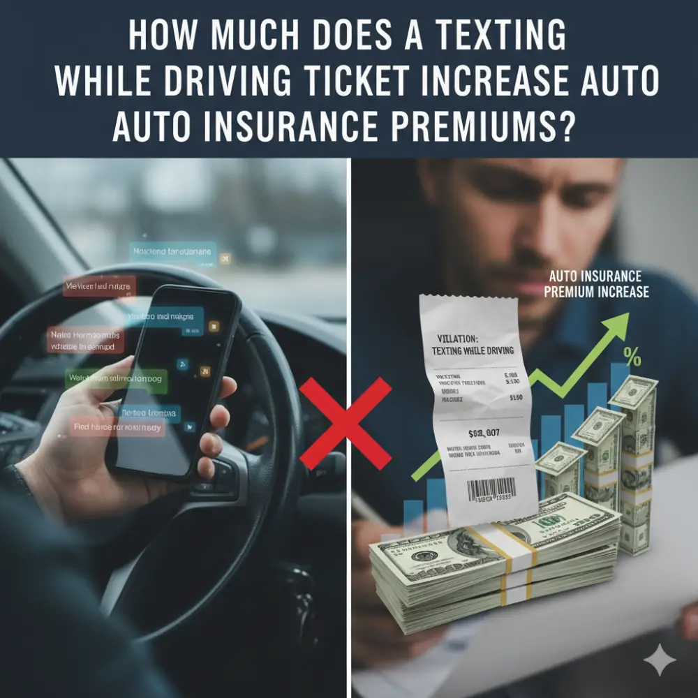 Image: Texting while driving leads to a ticket, a rising auto insurance premium bill, and increased costs, emphasizing the financial risk of distracted driving.