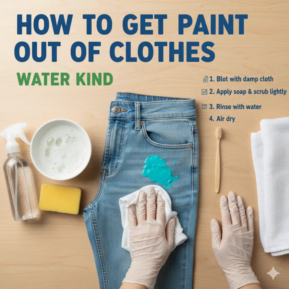 Learn the simple steps to get water-kind paint out of your clothes! Blot, use soap, rinse, and air dry for easy stain removal.