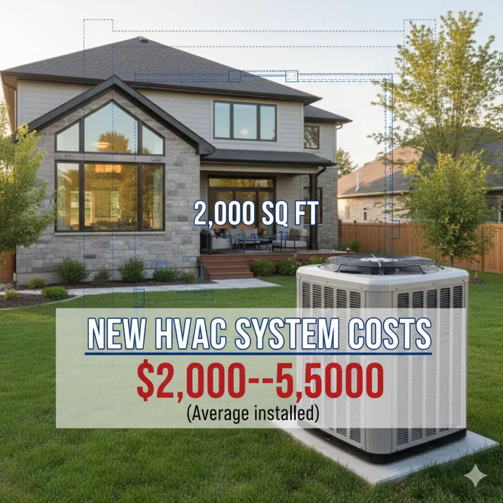 New HVAC System Costs for 2,000 sq ft House | Image shows a modern home with a new AC unit outside and the average price range of $2,000-$5,500 installed (for a 2,000 sq ft home) overlaid on the photo.