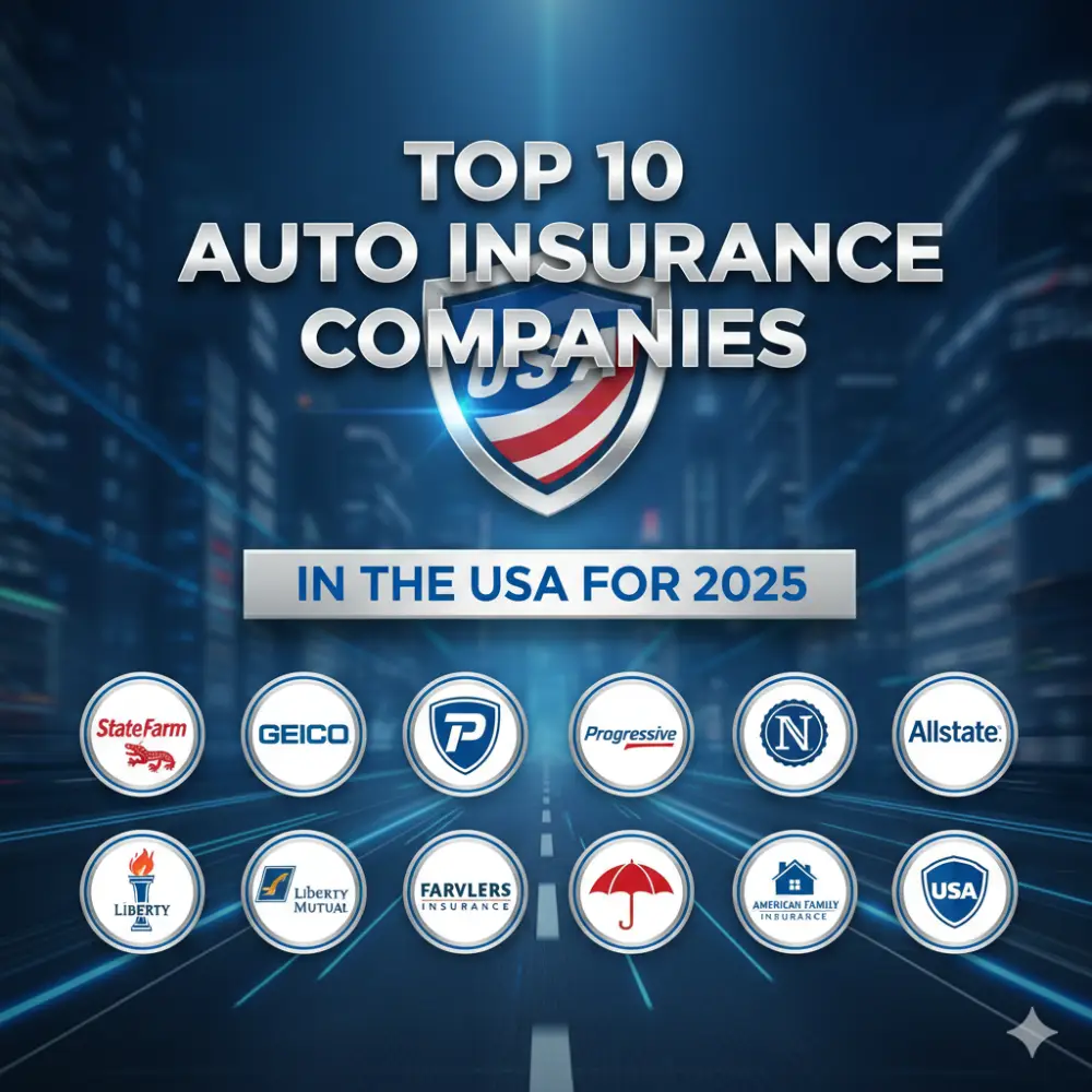 Top 10 US Auto Insurance Companies for 2025. Featuring logos of leading insurers like State Farm, GEICO, Progressive, and Allstate. Find your best rates!
