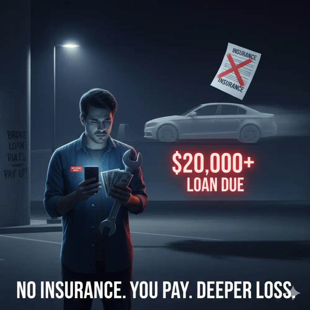 Financed car stolen with no insurance? Face a sudden, $20K+ loan demand, breaking loan rules, and no funds for damage. Learn the deep loss of being uninsured.