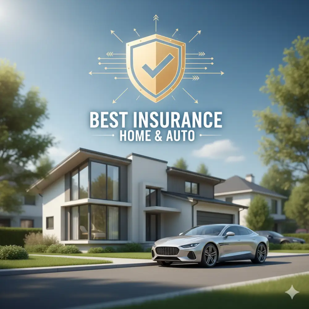 Protect your home and auto with the best insurance. Golden shield icon over a modern house and silver car. Secure your future today!