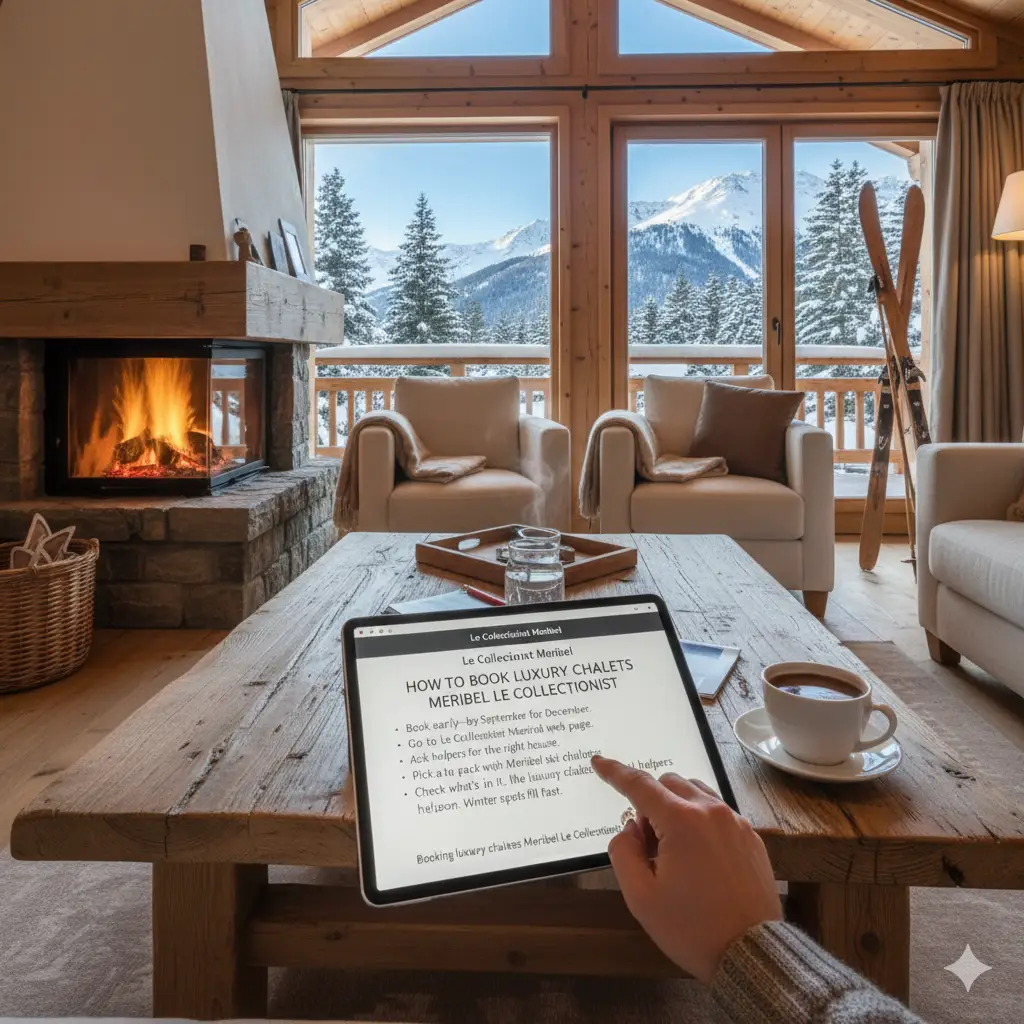 A luxurious Meribel ski chalet interior featuring a fireplace, mountain view, and a tablet displaying Le Collectionist's "How to Book Luxury Chalets" guide.