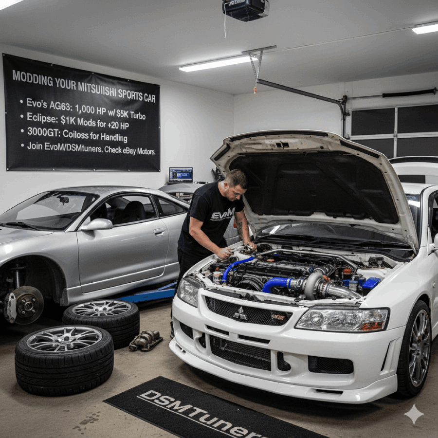 A white Lancer Evo and a silver Eclipse are modified in a garage, featuring a large turbo, performance wheels, and an informational banner about Evo, Eclipse, and 3000GT tuning tips.